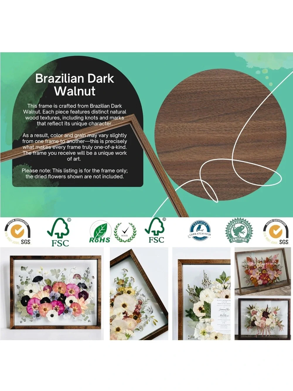 Walnut Wood Floating Glass Frame with Dried Flower Display - Brown